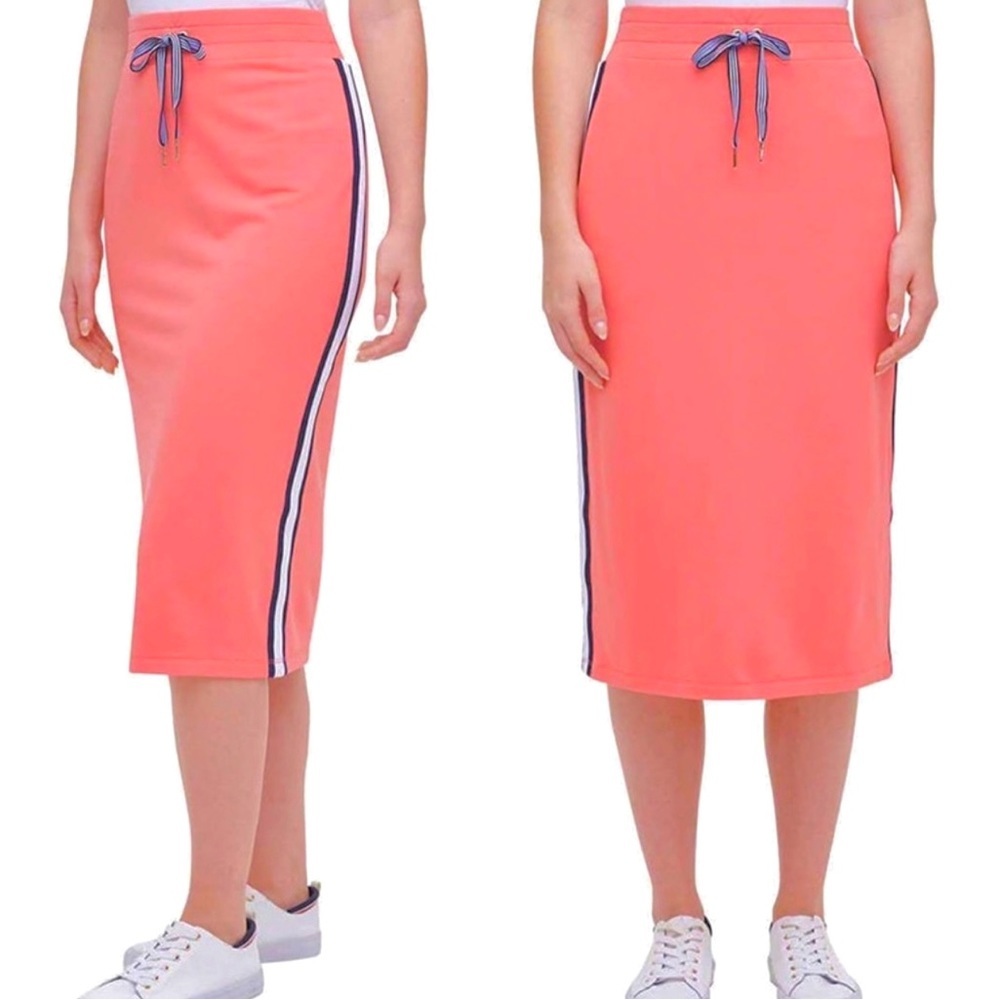 Tommy Hilfiger Coral Plush Knit Side-Stripe Midi Skirt Athleisure Retro Plus